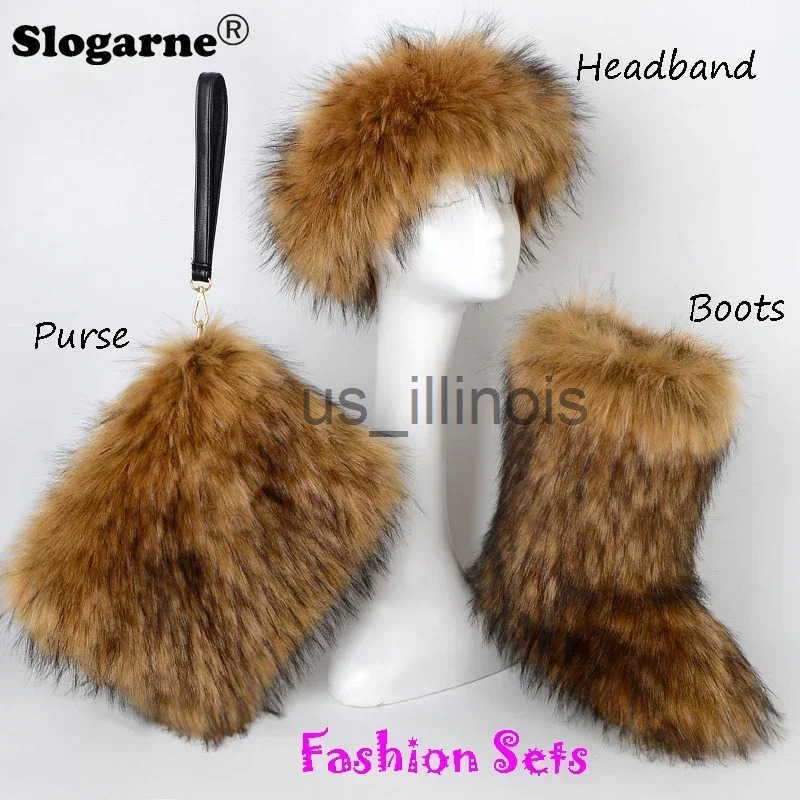 Womens Faux Roon Fur Boots Fur Purse Fashion Sets Fur Headband Female Luxury Furry Snow Boots Plush Warm Fluffy Shoes J250822
