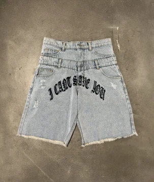 Y2k Retro Harajuku Denim Shorts Womens Washed Letter Embroidered Print Tassel American Summer Retro Mens Loose Hip Hop Jeans 250825
