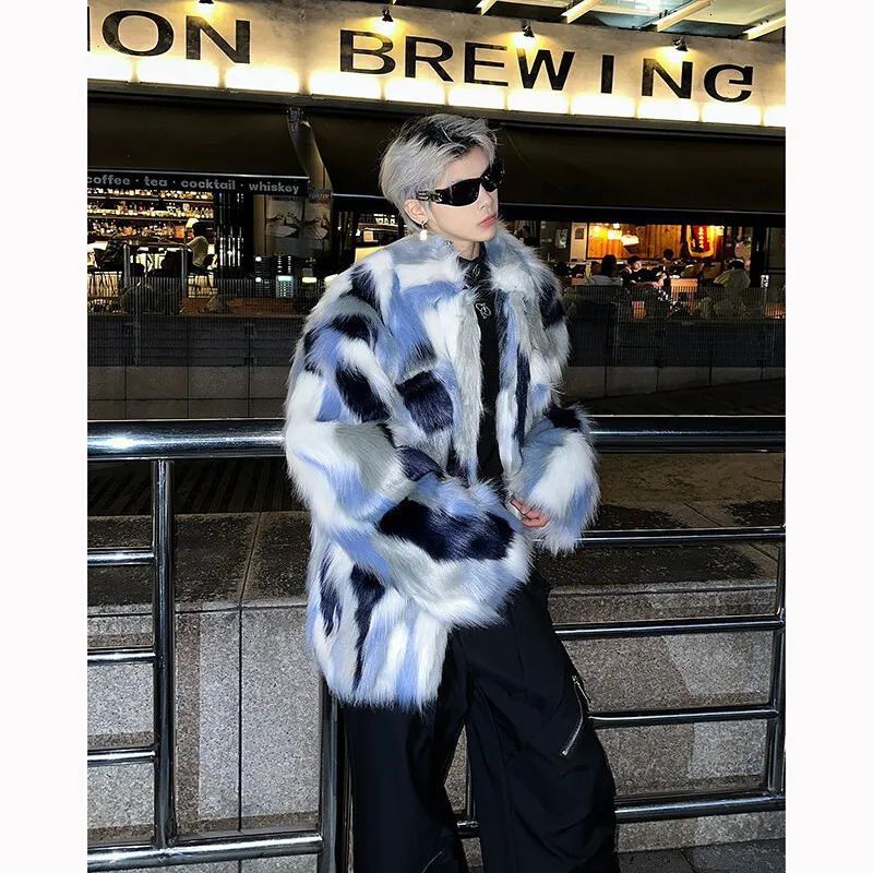 Hip Hop Winter Fur Jacket Thicken Warm Faux Fur Coat Men Korean Fashion Colormatching Short Fur Jackets 250825