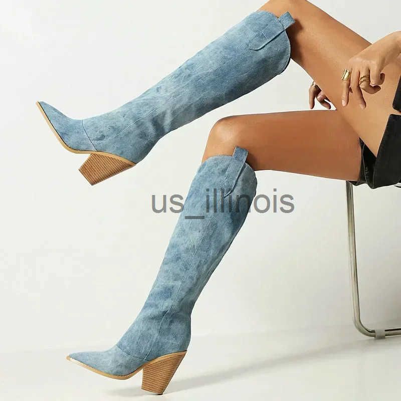 Denim Western Women Knee Thigh High Boots New 2024 Autumn High Heel Cowboy Long Boots Size 43 Slip on Woman Shoes J250822L8OK