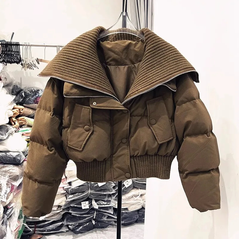 Fashion Women Down Jackets Big Lapel High Waist Zipper Short Puffer Coat Winter Casual Slim Thick Warm Outerwear Female 250825