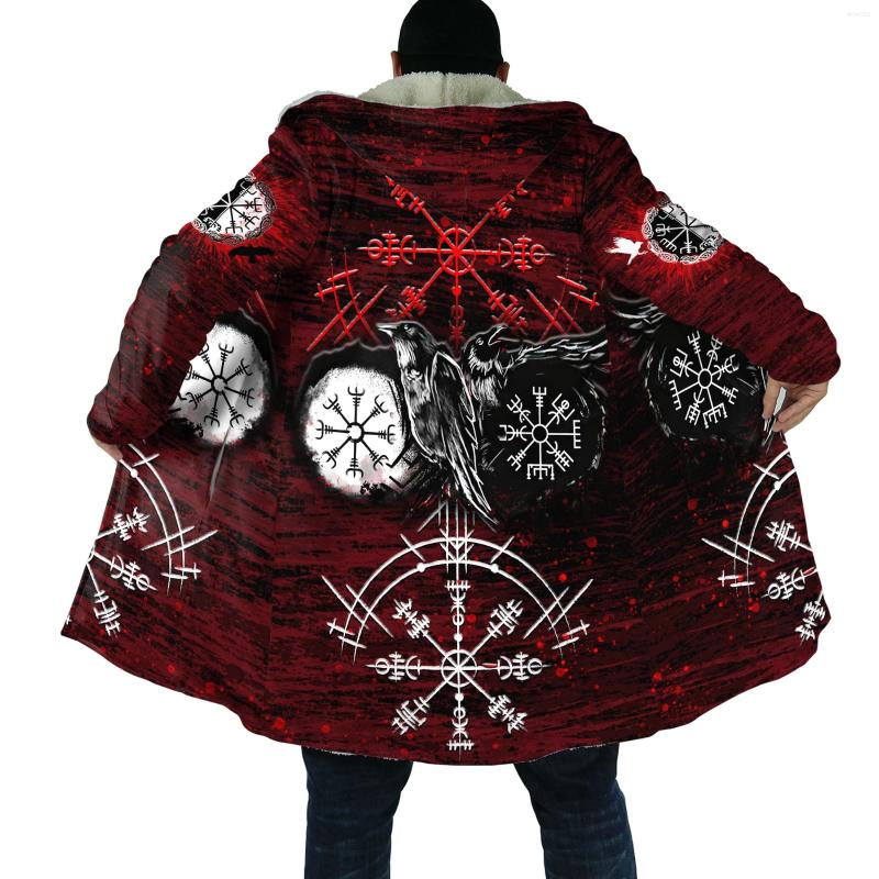 Men's Wool PLstar Mens Cloak Geri And Freki Tattoo 3D All Over Printed Fleece Hooded Unisex Casual Thick Warm Cape Coat PF73