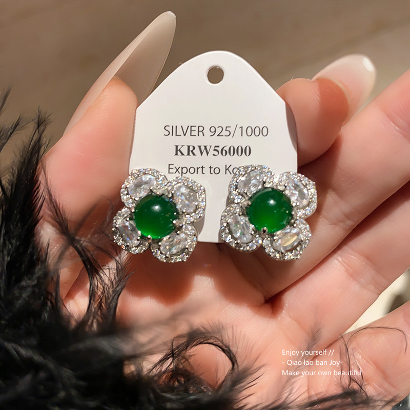Silver 925 Green Gem & Zircon Flower Stud Earrings Elegant And Luxurious Party And Daily Wear Gift For Her Sophisticated And Sparkling Jewelry