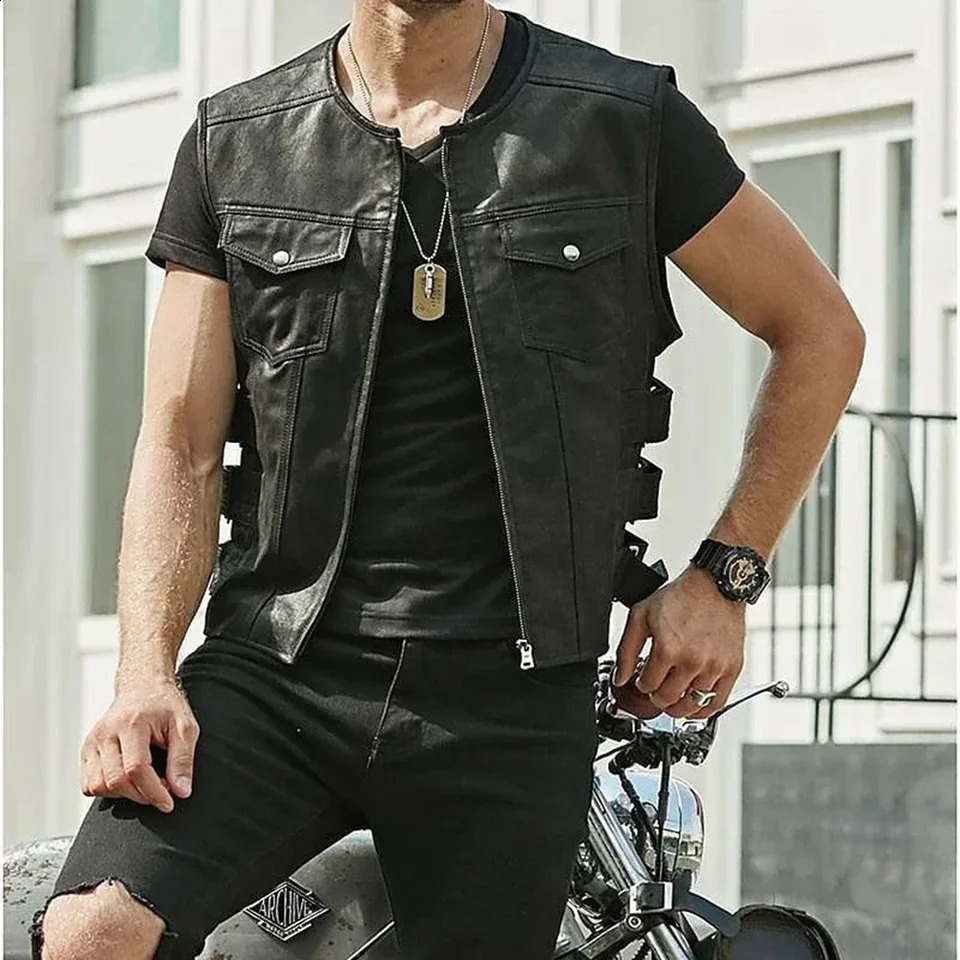 Fashion Biker Faux Leather Vest Coat Waistcoat Mens Motorcycle Solid Color Pocket Zip Up Man Tops Streetwear 250818