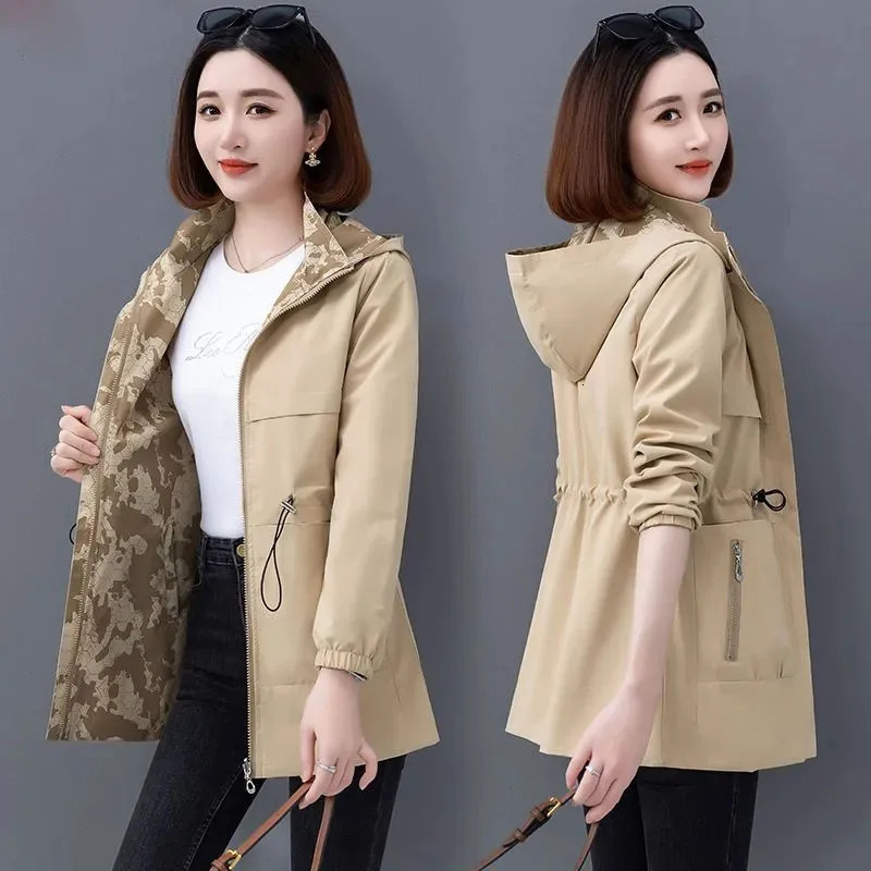 DoubleSided Trench Coat Women Spring Autumn Clothes Hooded Print Mid Long Windbreaker Jacket Female Outerwear Tops 4XL 250825