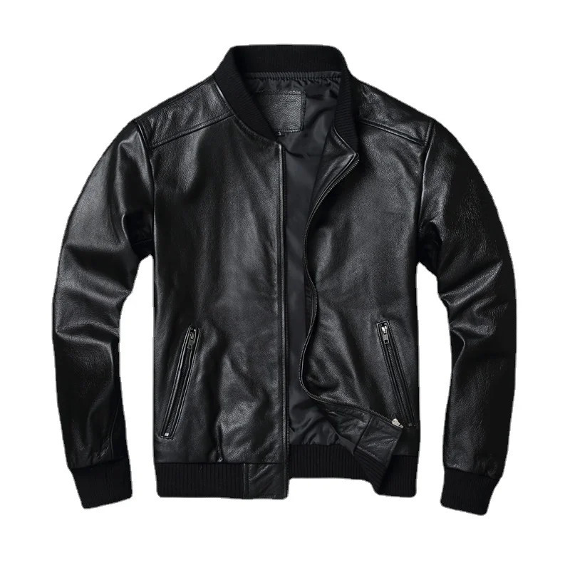 Black Cow Genuine Leather Bomber Jacket Men Cowhide Real Leather Jacket Coat Short Slim Business Jacket Leather Clothing 250825