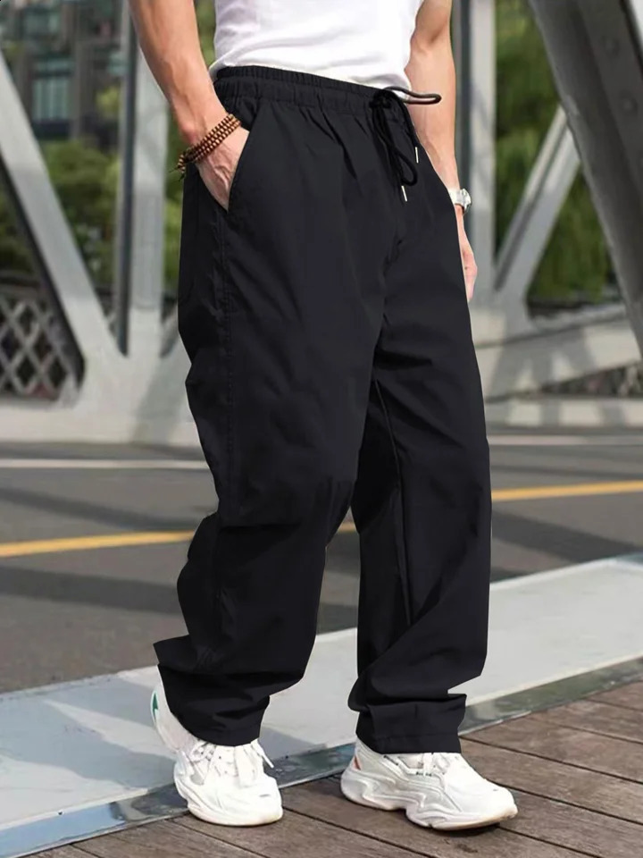Mens Drawstring Waist Cargo Pants Regular Fit Casual Comfy Straight Leg Trousers for Outdoor Daily Wear Fashion 250815