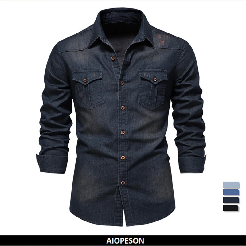 AIOPESON Elastic Cotton Denim Shirt Men Long Sleeve Quality Cowboy Shirts for Casual Slim Fit Mens ner Clothing 250823