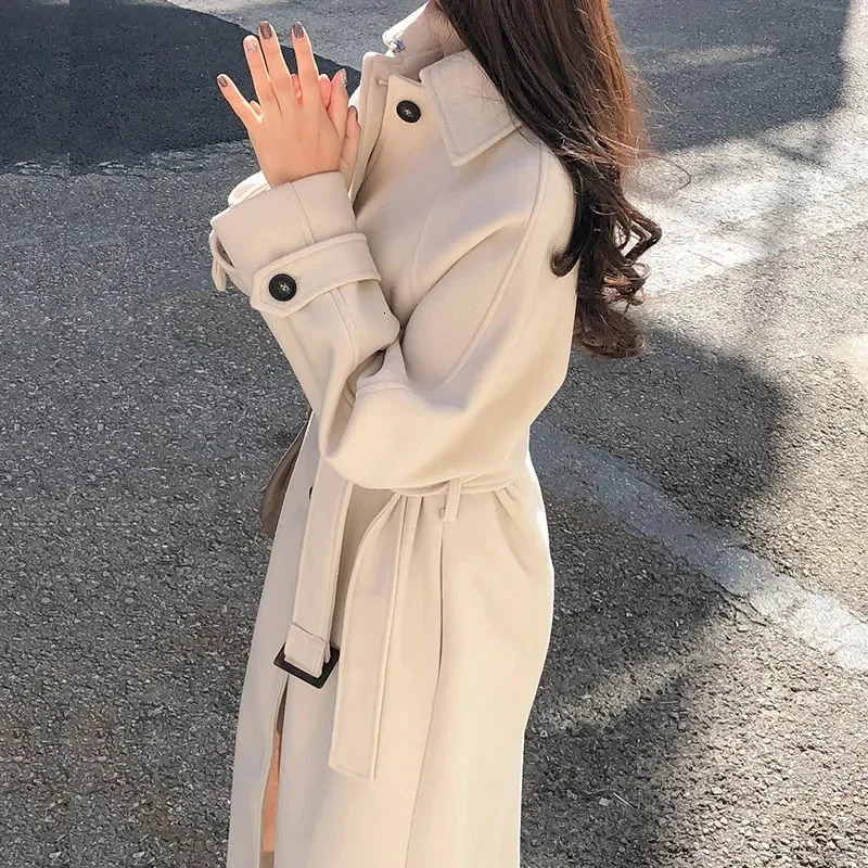 AutumnWinter Korean Loose Woolen Jacket Coat Female Slim Temperament With belt Womens Thicken Long Wool Overcoat 250825
