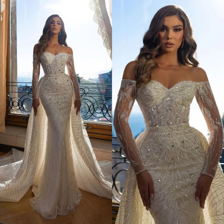 Sexy Mermaid Illusion Wedding Dresses Off Shoulder Lace Crystals Bridal Gowns Custom Made with Detachable Train Vestido de novia
