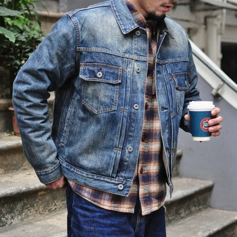 SAUCE ZHAN Distressed Denim Jacket Jean Jacket Men Jeans Men Selvedge Denim Motorcycle Jacket American Casual Wear 250823