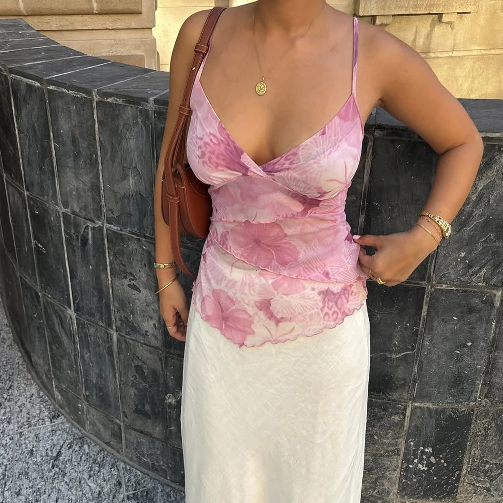 Women Summer Vintage y2k Aesthetic Crop Tops Floral Print Boho Sleeveless Spaghetti Strap Mesh See Through Coquette Tanks Camis 250825