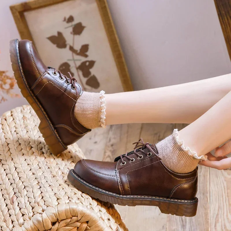 Women Oxfords Womens Shoes Ladies Leather Female Round Toe Sewing Retro Comfortable Footwear Lolita Shoe Brown 40 250821