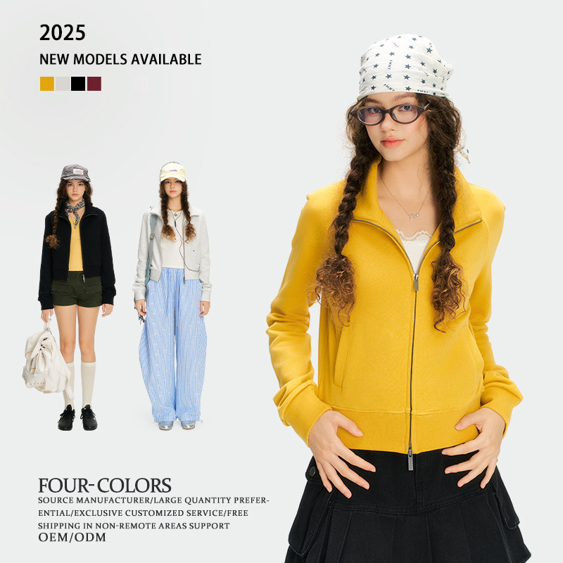 360g American Short Sweatshirt for Women, Spring and Autumn Style, Solid Color, Pure Cotton, t shirt Double Zipper Cardigan Top, Outerwear