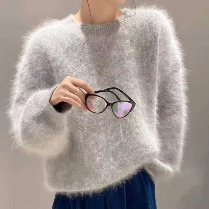 Autumn Product Mink Cashmere Sweater Fuzzy Womens Pullover Outside Wear Loose Medium Length Fluffy Knitted JZ205 250825