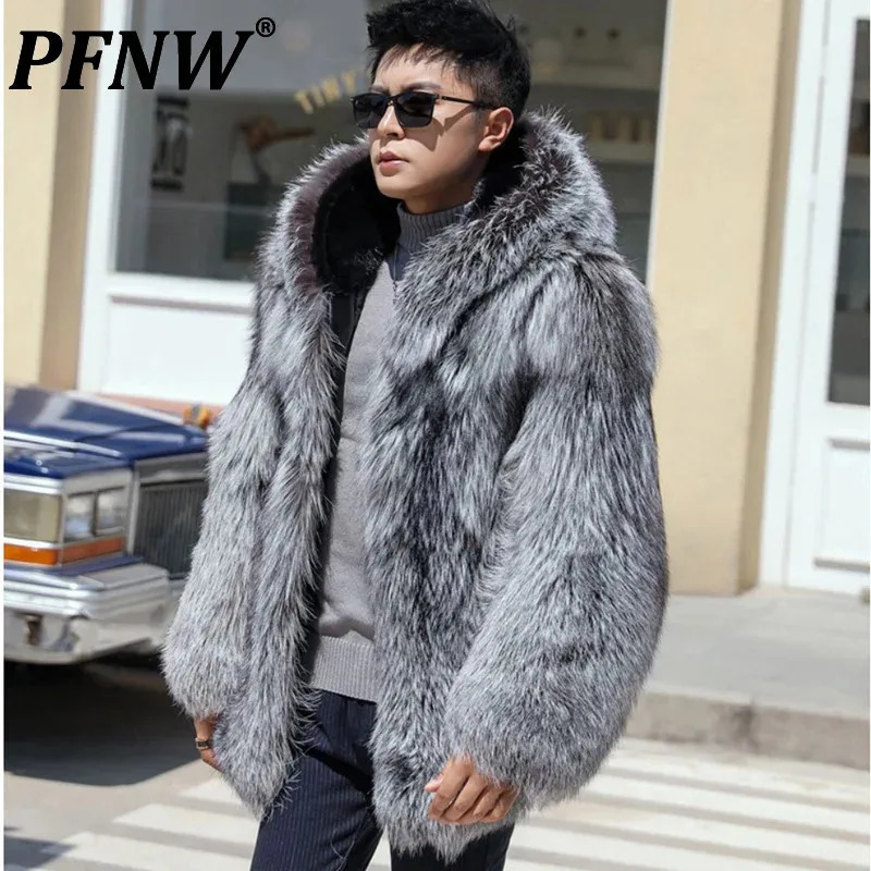 PFNW Hooded Faux Fox Fur Jacket For Men Loose Fit Thick Winter Coat Soft Silver Grey Causl Padded Liner Jacket 12C1170 250825