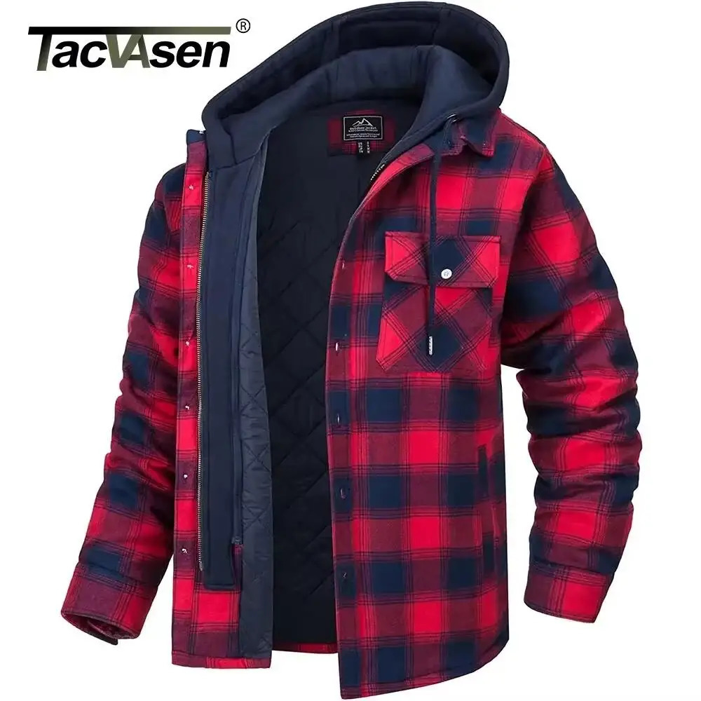 TACVASEN Mens Flannel Shirt Jacket with Removable Hood Plaid Quilted Lined Winter Coats Thick Hoodie Outwear Man Fleece Shirts 250825