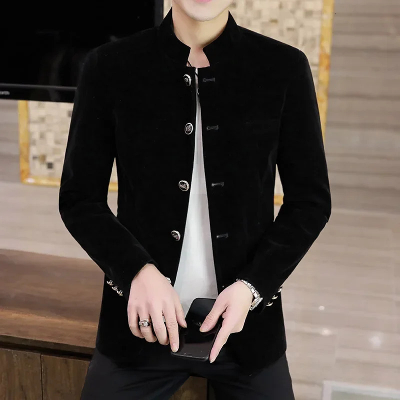 HOO Mens Fashion Stand Collar Velveteen Casual blazer Youth Autumn Single Breasted SlimFitting 250825