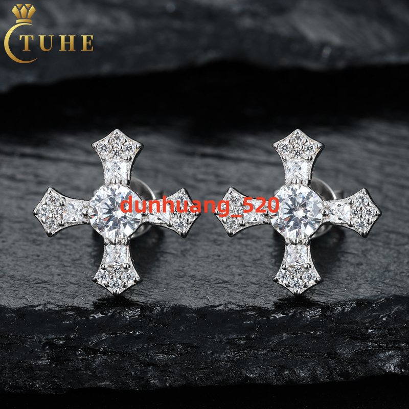 Fashion Neutral Style Jewelry Earrings White Gold Plated 925 Sterling Silver VVS Moissanite Cross Stud Earrings for Men Women