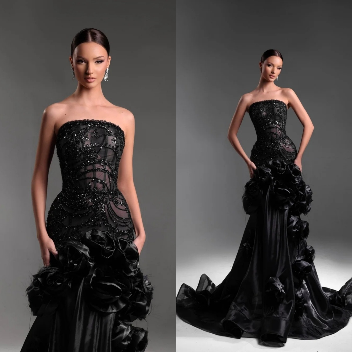 Modern Evening Dresses Sequins Strapless Prom Gowns Ruffle Sleeveless Illusion Beading Princess Sweep Train Customized Vestidos De Noche Plus Size