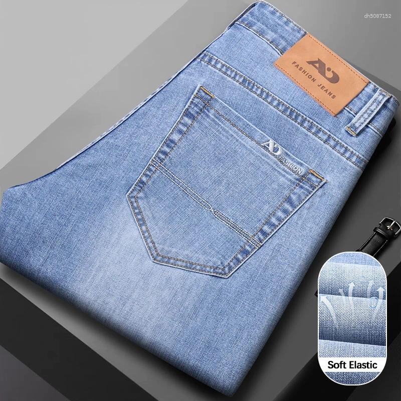 Men's Jeans Spring Summer Thin Elastic Slim Straight Korean Fashion Smoke Gray Trousers Casual Business Work Denim Pants