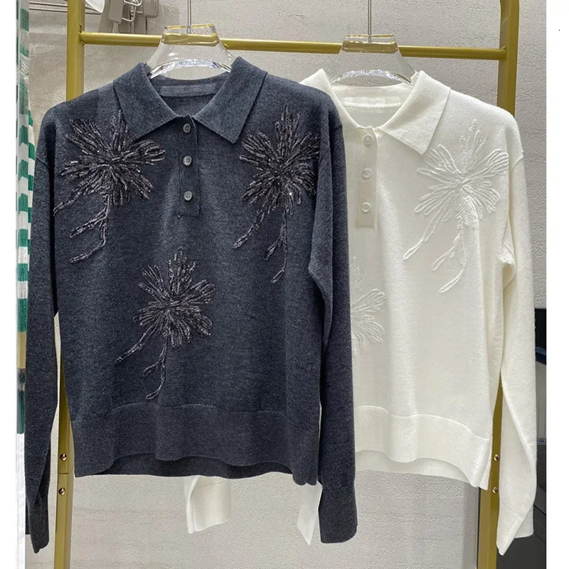 Flocking y Flower Sequins Soft 16gauge Wool Knit Sweater Tops for Women 250825
