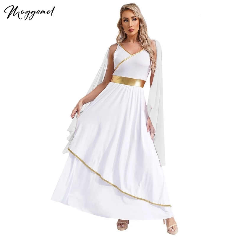 Womens Ancient Greek Toga Goddesses Costumes Party Halloween V Neck Sleeveless Gold Trims Toga Greece Roman Queen Cosplay Dress250823