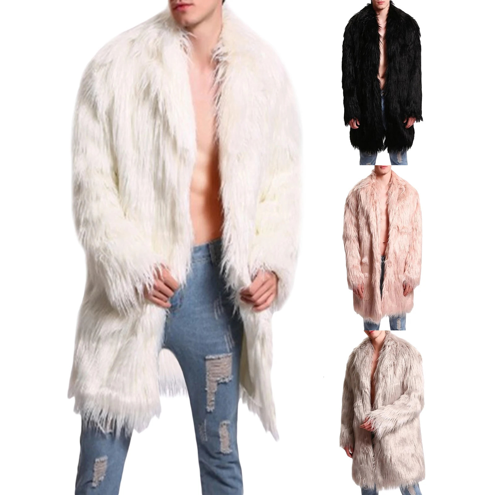 Mens Winter Coat Long Sleeve Lapel Collar Open Front Furry Faux Fur Long Coat Outwear 250825