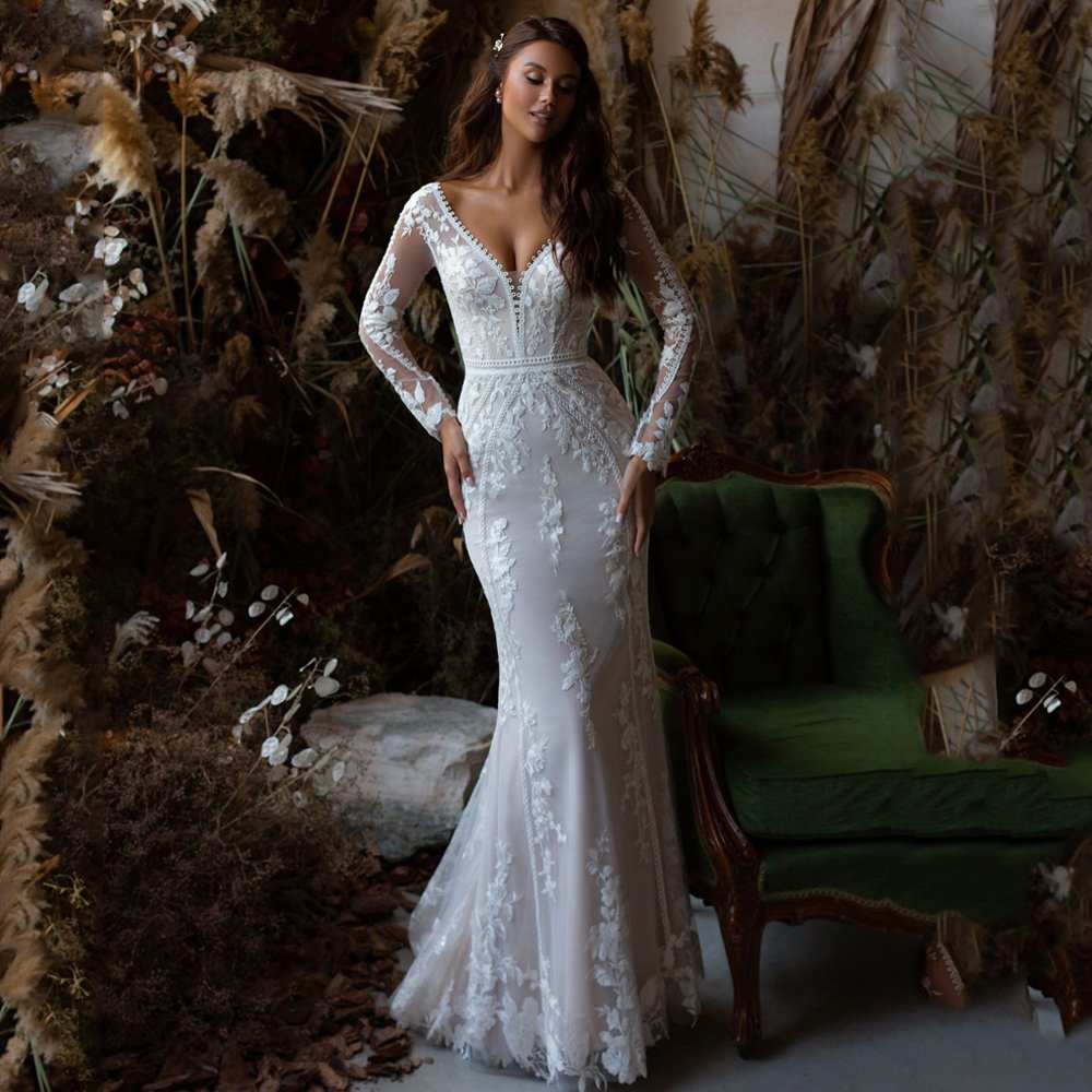 Classic Lace Mermaid Wedding Dress Sexy Double V Neck Long Sleeves 3D-Floral Appliques Sweep Train Bridal Gowns Custom Made Color/Size