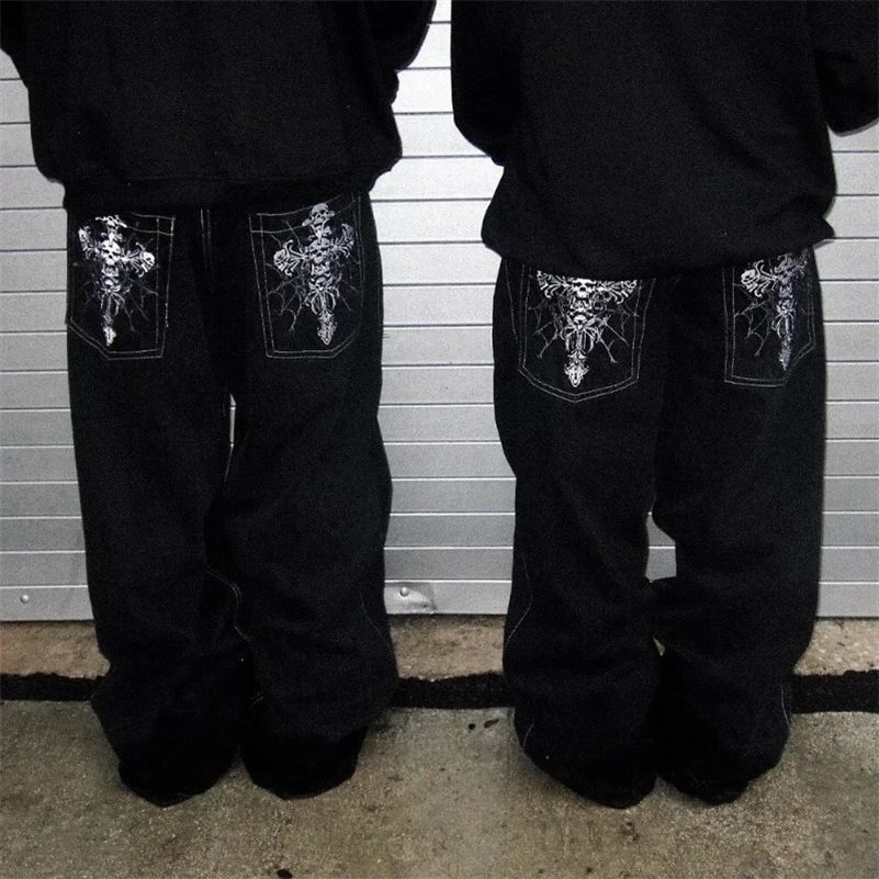 American Gothic Rock Skeleton Bone Letter Pattern Oversized Jeans Mens Y2K Street Hip Hop Harajuku Loose Wide Leg Work Pants250823