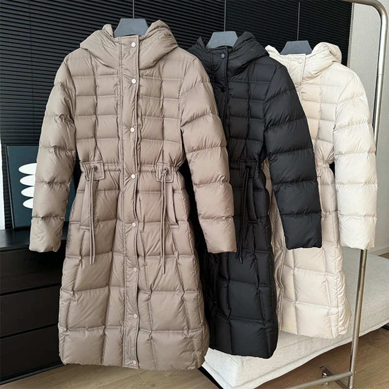 Janveny Winter Over The Knee White Duck Down Jacket Women Waist Cinching Slimming Hooded Puffer Lightweight Down Coat 250825
