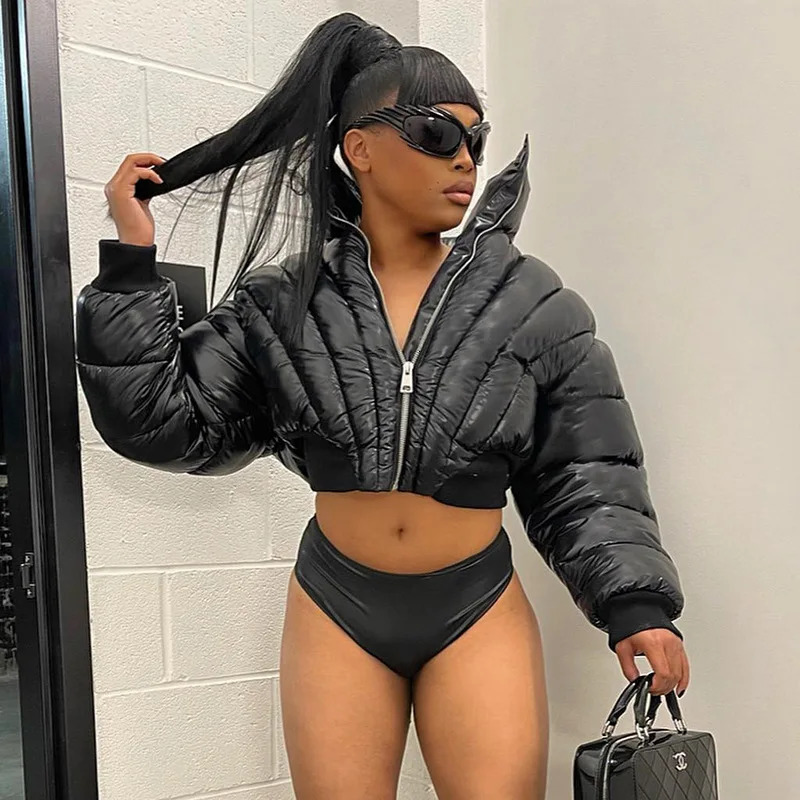 Street Punk Women Broad Shoulder Puffer Jackets Outerwear Cute Pink High Waist Slim Bubble Coats Striped Short Down Jacket 250825