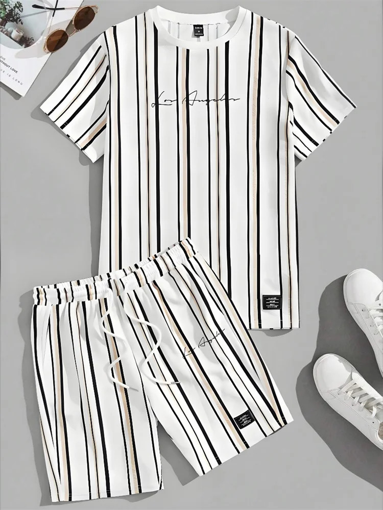 Summer 3D Striped Printed Mens Set Casual Everyday Mens Short Sleeve T-shirt Urban Street Mens Fashionable Beach Shorts250823
