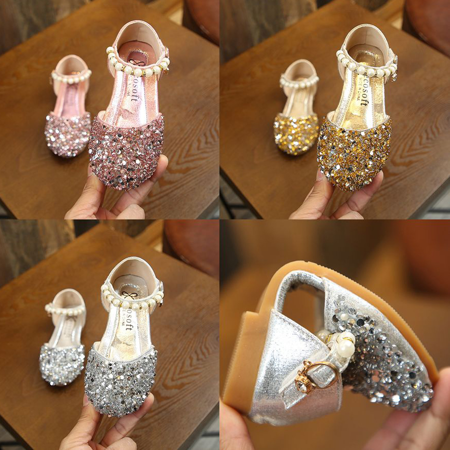 Girl Princess Shoes Sequins Pearl Silver Gold Pink Summer Spring Walkfashion Girls Sandals Cover Toe Toddler Fashion Party Dance Kids Flat Shoes Siz