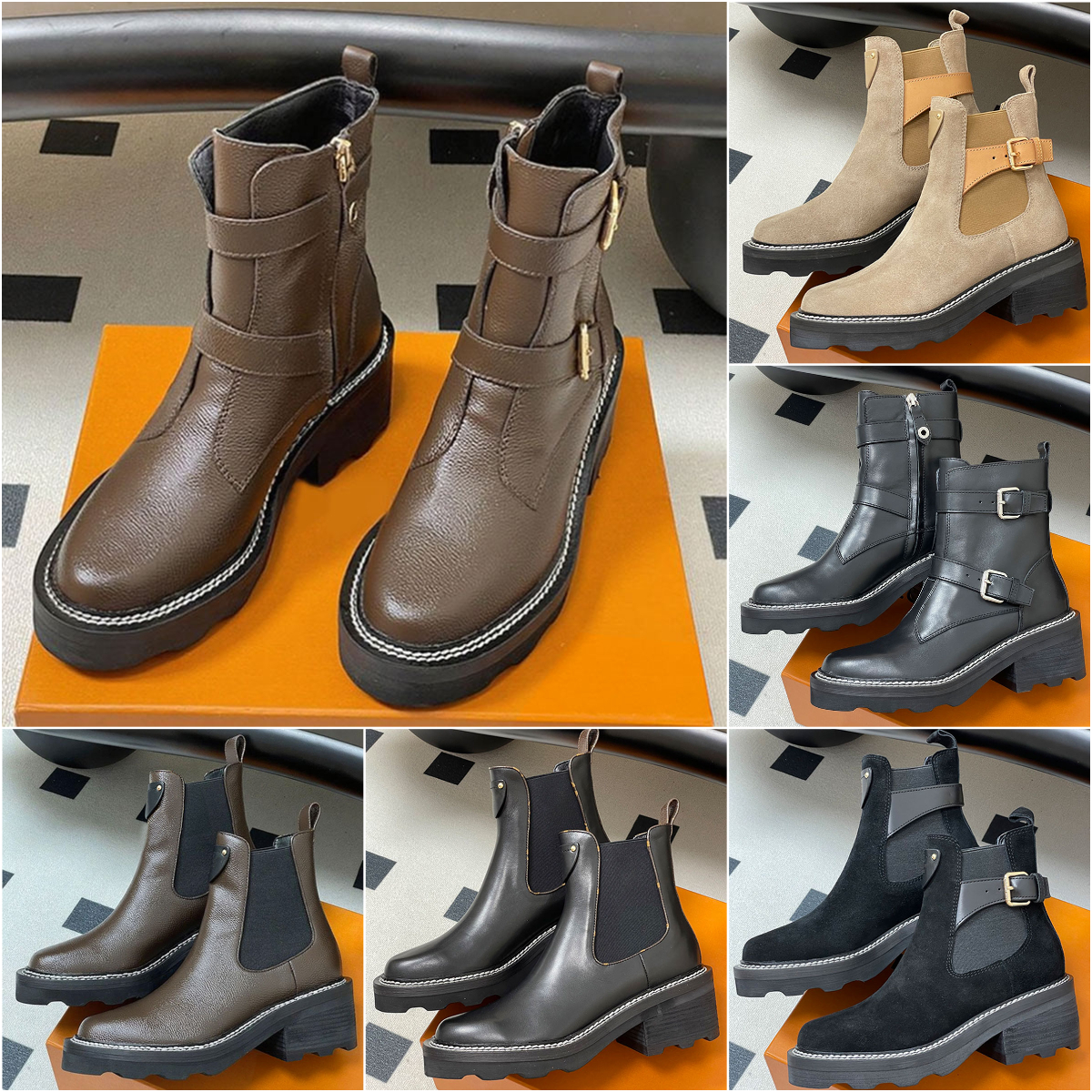 Chunky heel designer boots woman ankle boot martin booties platform boots women cowboy boots calf leather two straps 25ss autumn/winter boots qualit