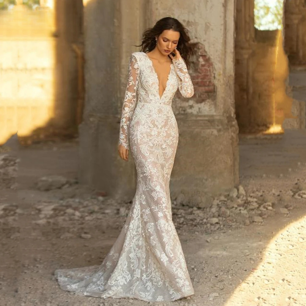 Long Sleeve Mermaid Wedding Dresses Full Lace Deep V-neck Backless 3D-Floral Appliques Bridal Gowns Custom Made Color/Size