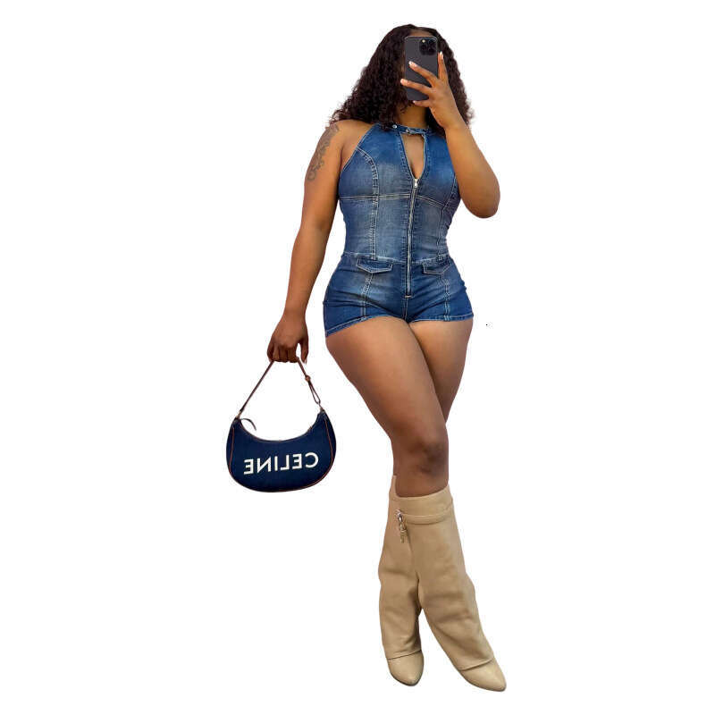 New Denim Stretch In Stock European and American Cross-Border Girl Style Hot Selling Vest Jumpsuit Shorts