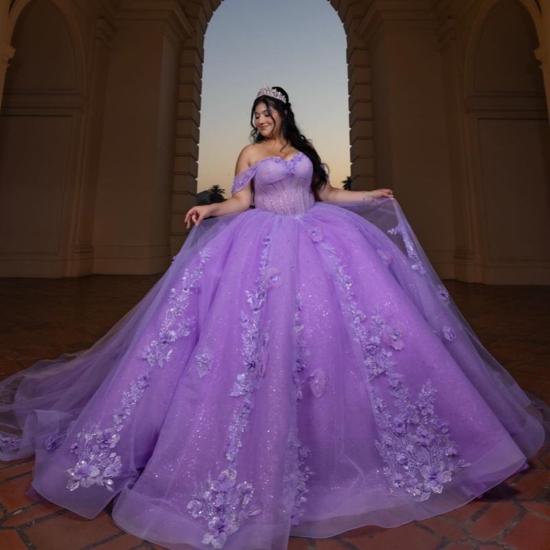 Lavender Shiny Princess Off the Shoulder Sweet 16 Dress Quinceanera Dresses Applique Flower Beads Bow Tull Party Birthday Vestidos 15 Anos