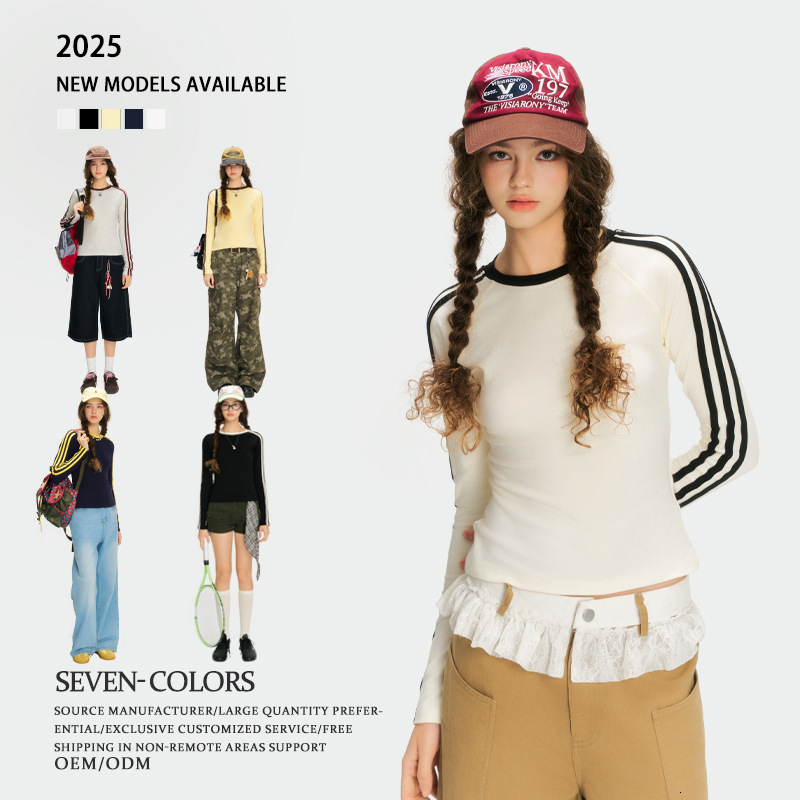 260g American Style Three-Stripes Long Sleeve T-Shirt for Women Autumn Trendy t shirt Brand Sports Slim Fit Base Layer Color-Block Striped Top