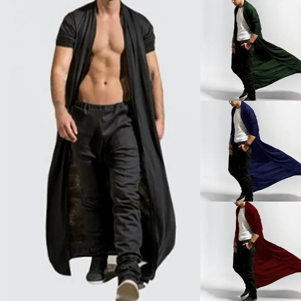 Fashion Men Cardigan Long Sleeve AnkleLength Male Trench Jacket Simple Solid Color Open Front Casual Outerwear 250825