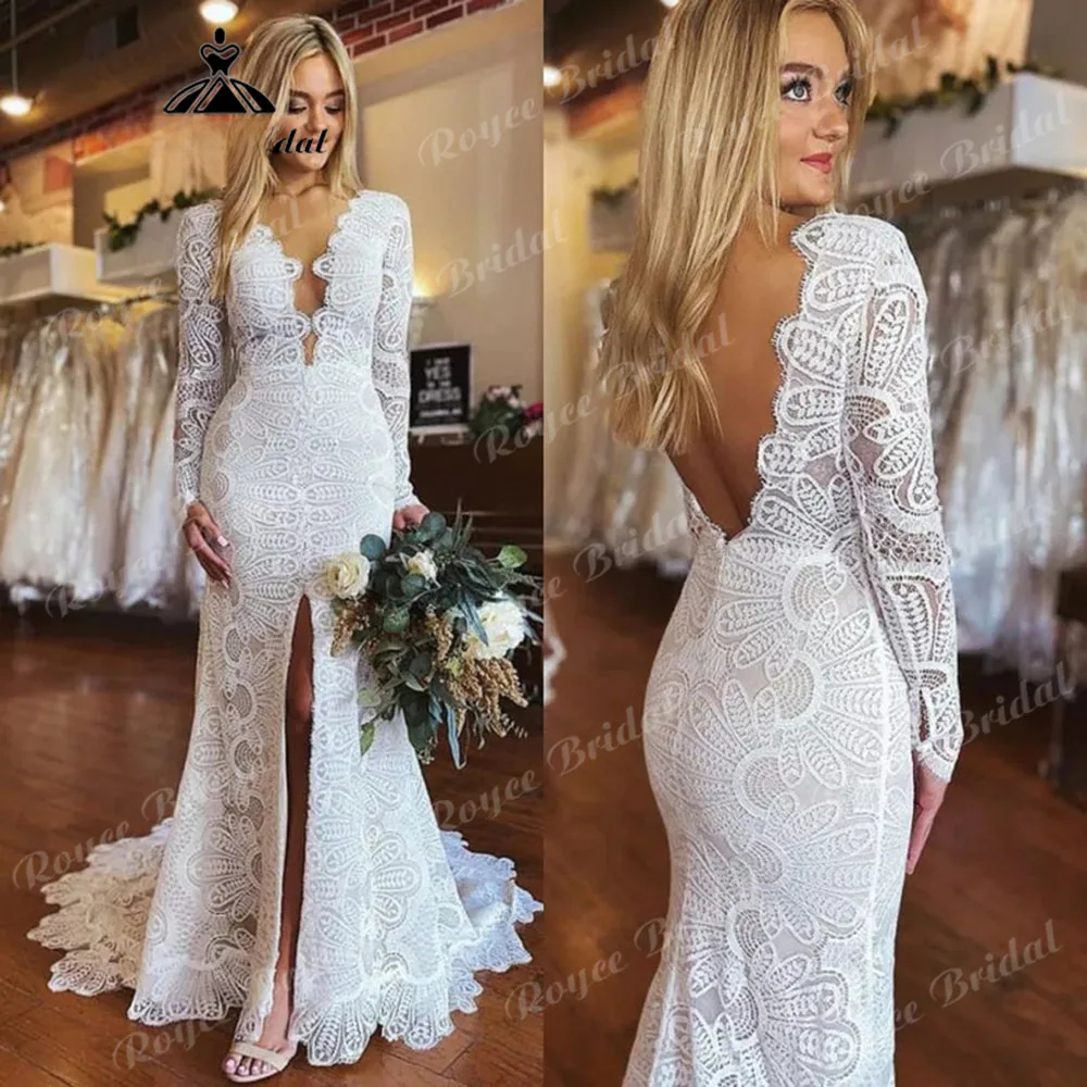 Modest Lace Split Middle Backless Mermaid Wedding Dress for Women Deep V Neck Backless Long Sleeve Bridal Gown Custom Made Color/Size