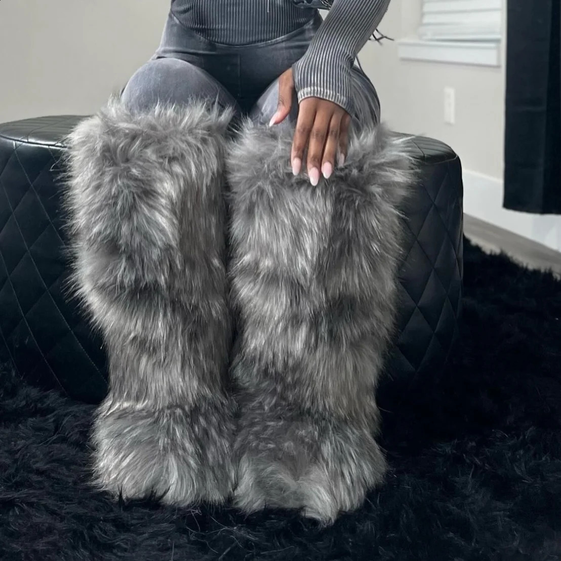 Womens Knee High Fuzzy Faux Fur Boots - Soft Warm and Comfortable Slip-on Furry Boots For Fall Winter 250821