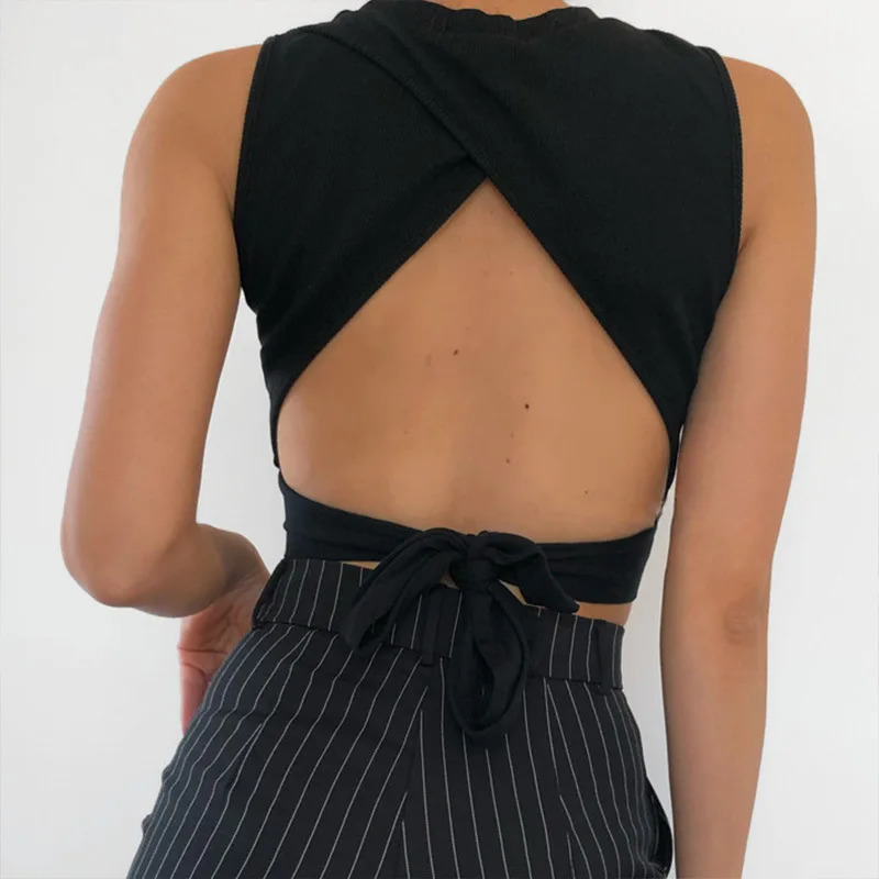 Sexy backless women tank top bandage slim crop top summer casual streetwear tops solid cotton soft criss cross top 250825