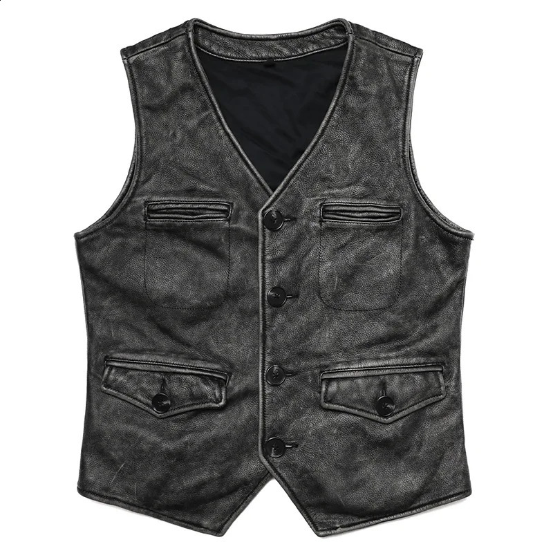Gery Vintage Genuine Leather Vest Man Natural Cowhide Work Clothes Mens Safari Style Slim Sleeveless Jacket 250818