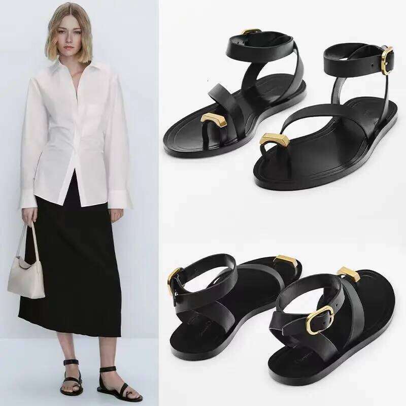 Women's Beach Genuine Leather Flat Clip Toe Metal Decoration Stylish Sandals Comfortable Versatile For Summer And Autumn