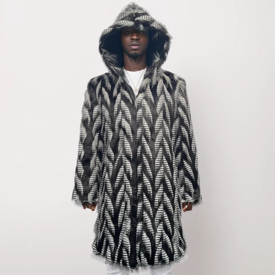 winter autumn men faux fox fur Hooded coat long windbreaker loose warm fashion man rabbit fur Peacock feather leather jacket 250825