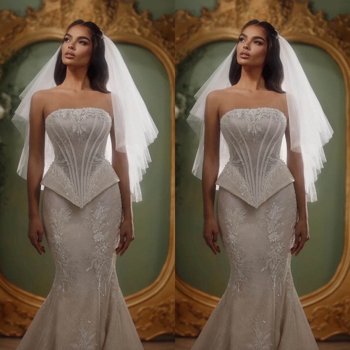 Simple Strapless Lace Mermaid Wedding Dress Elegant Sleeveless Sequined Bridal Gown Sweep Train Bride Dresses Customized