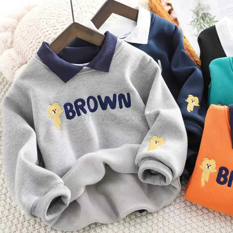 Boys FleeceLined Thickened Cotton Jacket for Big Children Fake TwoPiece Bottoming Shirts Spring and Autumn Cartoon Sweater M250825