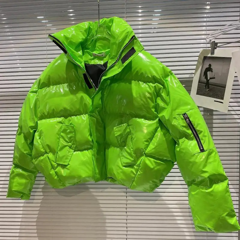 Winter Clothes Fashion Zipper Sleeve Color Shiny Patent Leather Standup Collar CottonPadded Coat Long Sleeve Warm Jackets 250825