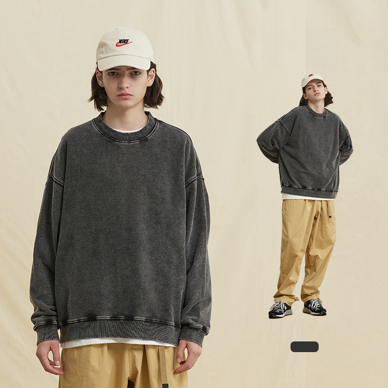 Autumn Winter New Arrival Dyed Washed Vintage Round Neck Solid t shirt Color Basic Loose Cotton Terry Sweatshirt for Men